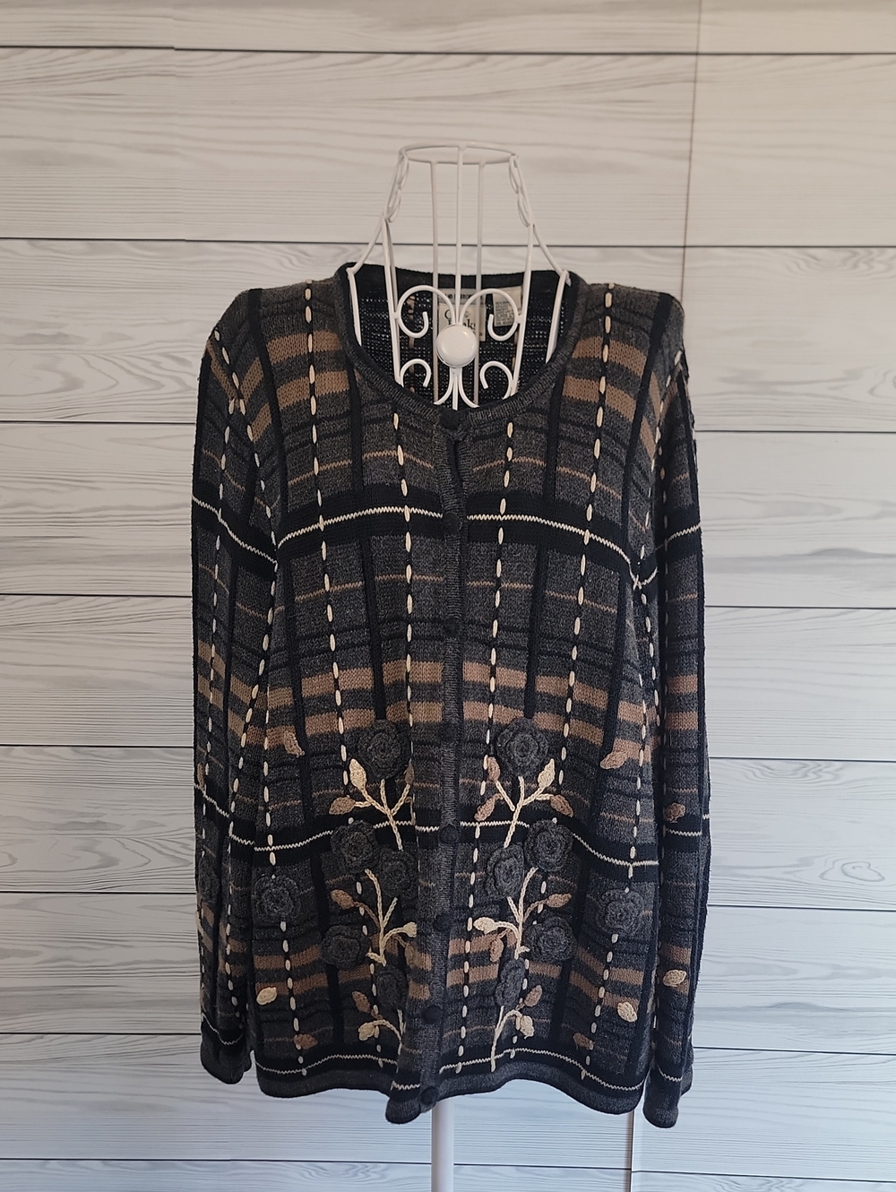 C.J. Banks Vintage Black & Brown Plaid Floral Embroidered Cardigan Women Size 1X